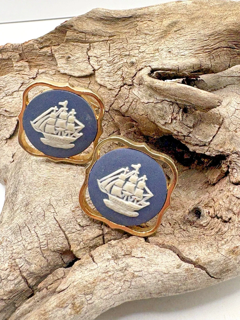 Wedgwood Cuff links Viking Ship Blue Jasperware Stratton England Vintage Signed